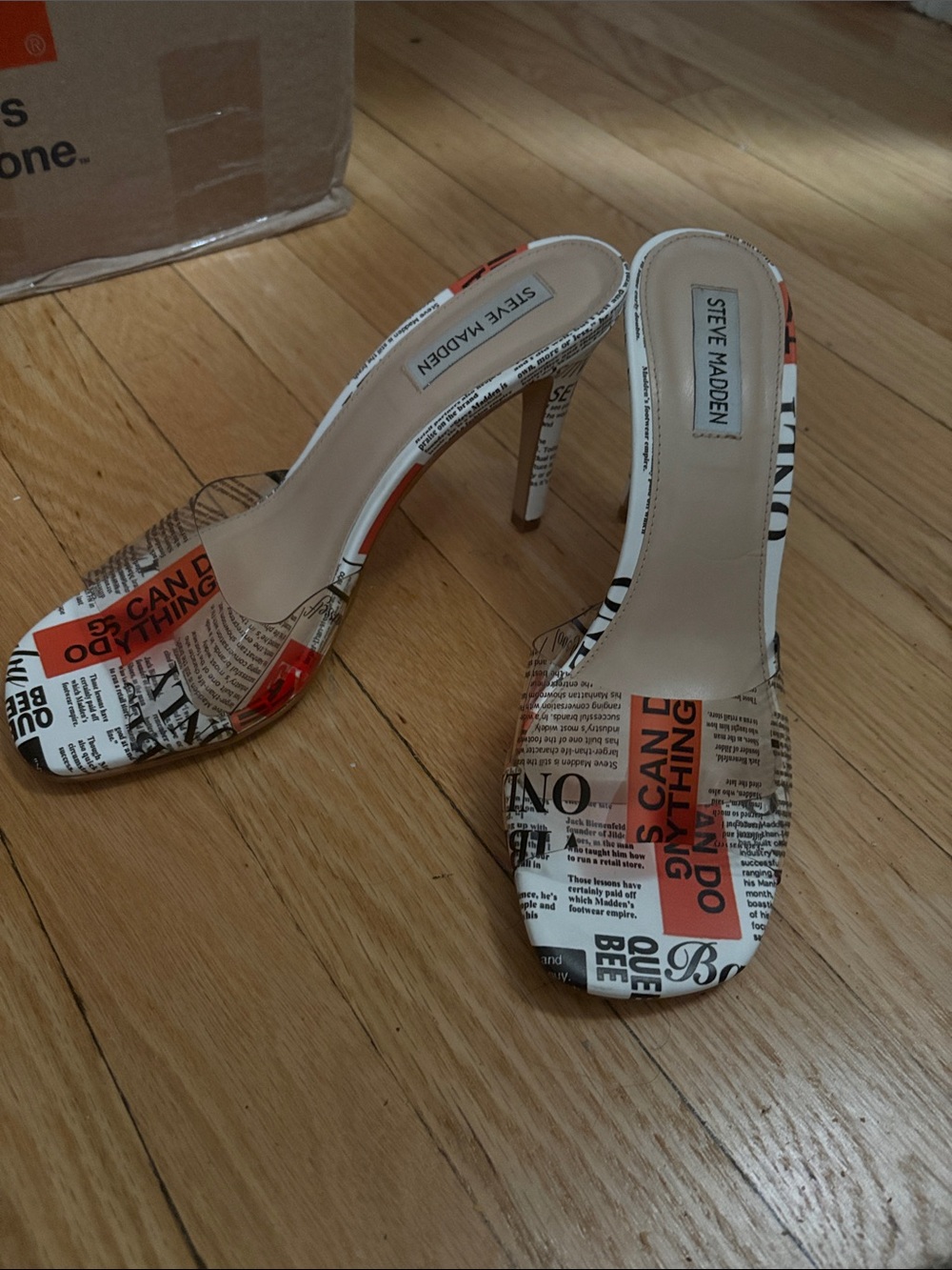 Steve Madden Newspaper Print Clear Strap Heels - Orange/Black/White